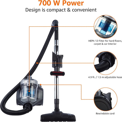 Amazon Basics Cylinder Bagless Vacuum Cleaner for Hardfloor, Carpet & Car, Compact & Lightweight, 700W, 1.5L, Black