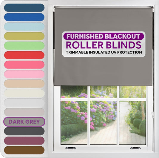 FURNISHED Roller Blinds Thermal Blackout Roller Blind - Trimmable Insulated UV Protection Child Safe Easy Fit Home Office Window Blinds, Dark Grey, 70 cm Wide x 165 cm Long