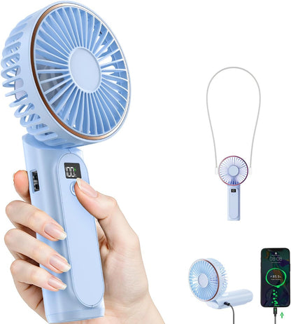 TUNISE Handheld Fan Rechargeable, Portable Fan with 4000mAh, Hand Fan with LED Display, 180° Adjustable, 6 Speed Travel Fan & Power Bank for Home Office Bedroom Outdoor