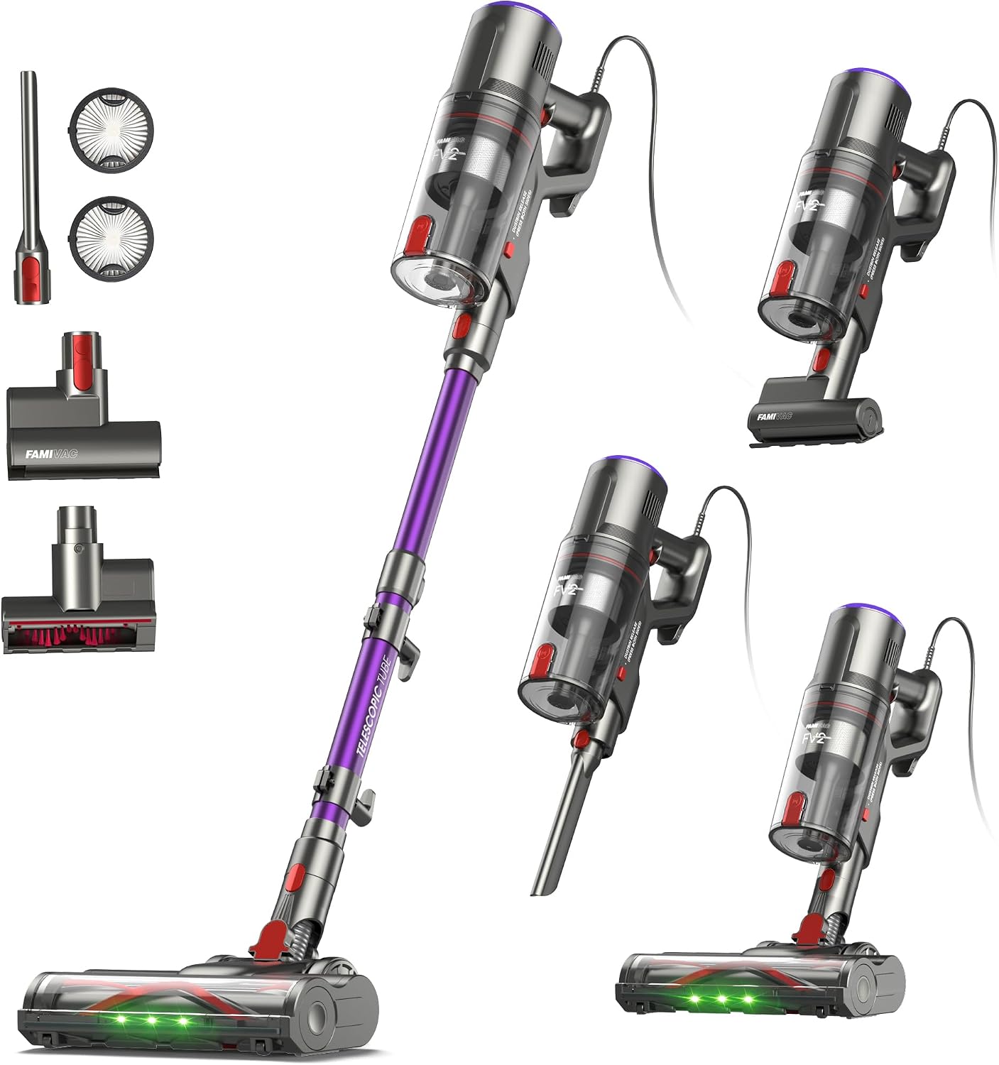 FAMIVAC FV2 Corded Vacuum Cleaner 65Kpa/600W, Powerful Hoover with Mattress Brush & Anti Hair Wrap, 1.3KG Lightweight, 7M Cord, 1.5L, GreenLight & Self-Standing Brush for Home Carpet Floor Pet Hair