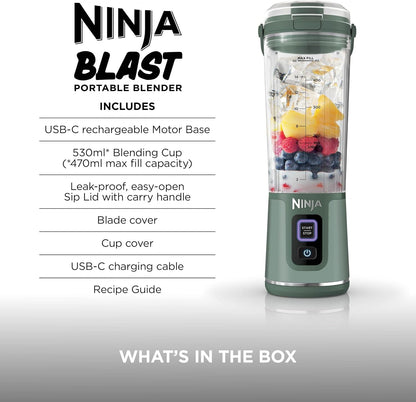 Ninja Blast Portable Blender, 530ml, Leakproof Lid & Sip Spout, Powerful Cordless Mini Blender, Rechargeable, Portable Smoothies, Protein Shakes, Blends Ice & Frozen Fruit, Forest Green, BC151UKEM