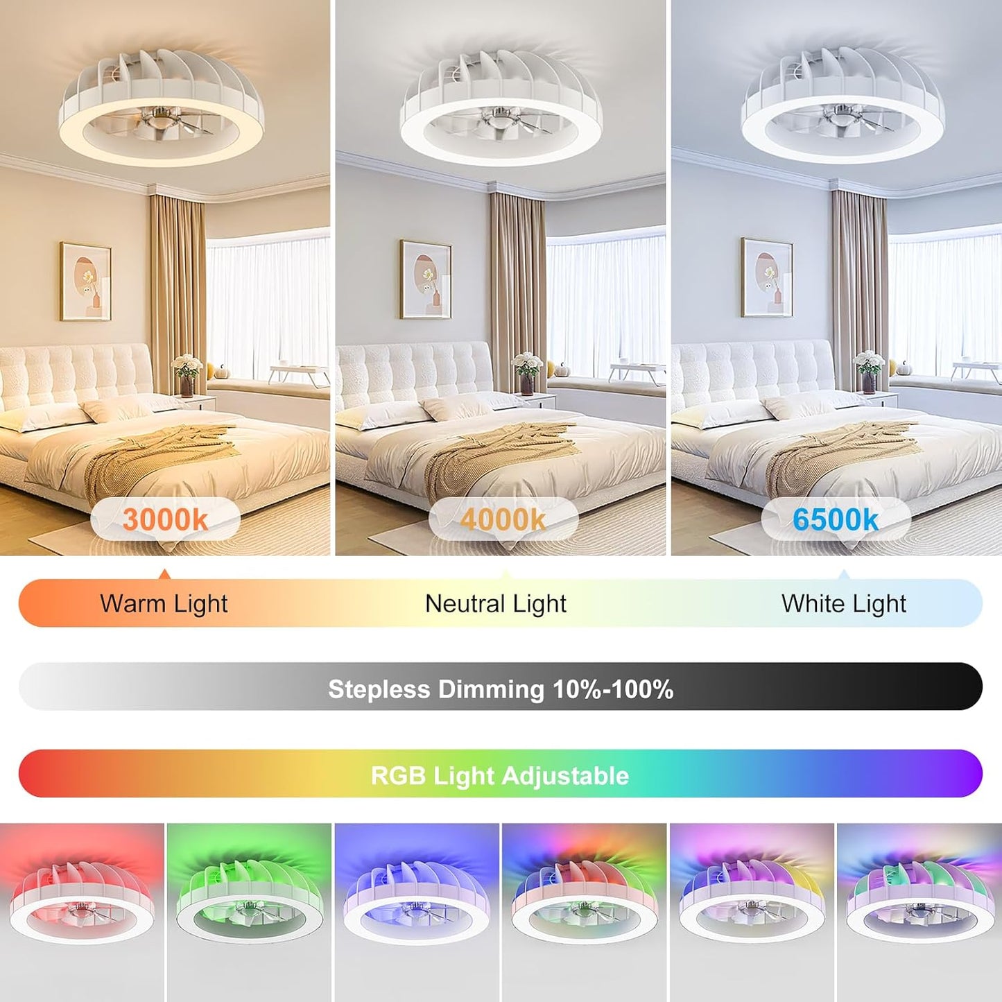 Ateroll Ceiling Fans with Lights, 46CM RGB Fan Ceiling Lights with Remote Control, 6 Speeds Quiet Fan with Timer and Memory, 3000K-6500K Dimmable LED Modern Fan Light for Bedroom Kitchen Living Room