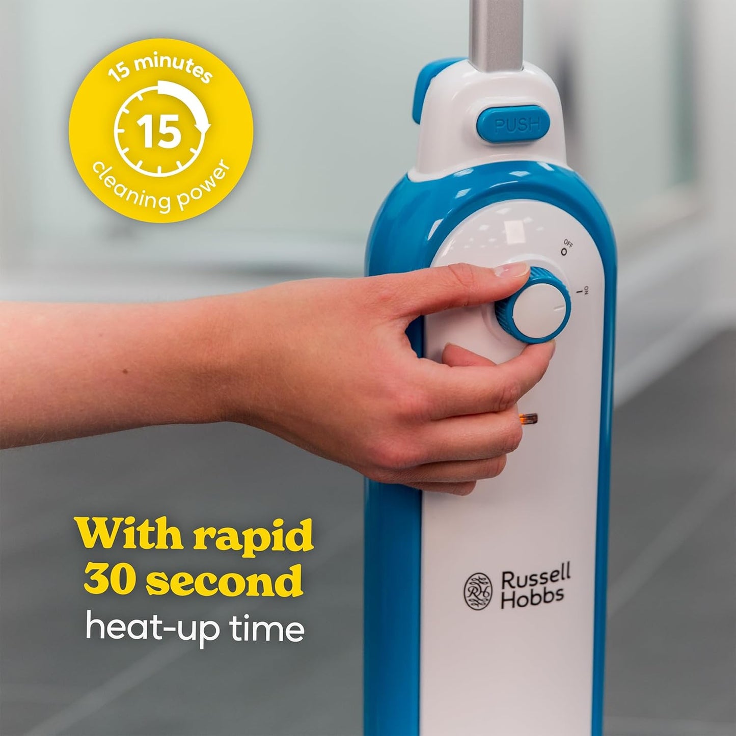 Russell Hobbs Upright Steam Mop, 1.4kW Power, 380ml Water Tank, 30-Second Heat-up, 15-Minute Run-Time, Sealed Hard Floors, Tiles, Vinyl Flooring, Carpets, Rugs in White & Aqua, RHSM1001-G
