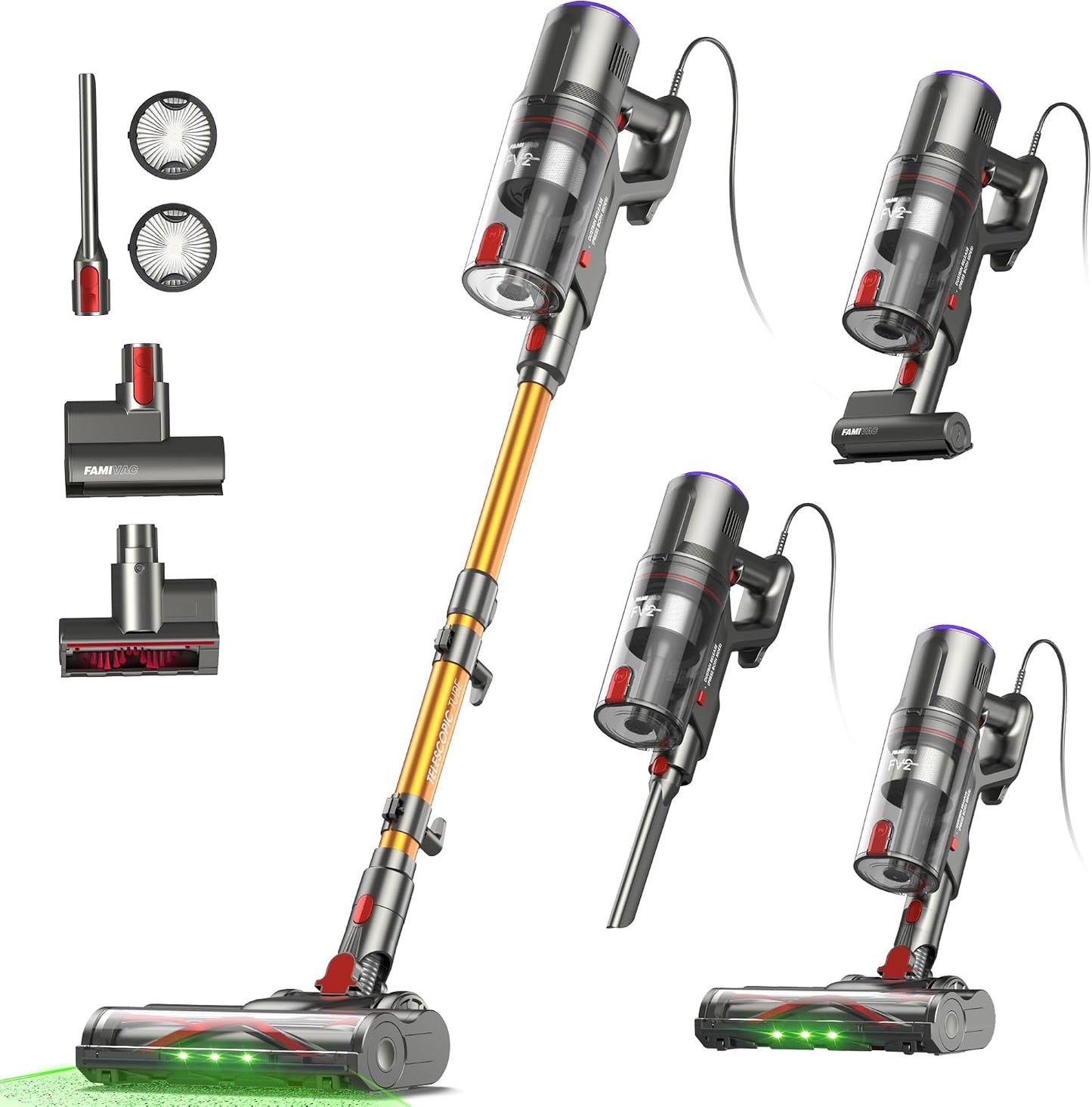 FAMIVAC FV2 Corded Vacuum Cleaner 65Kpa/600W, Powerful Hoover with Mattress Brush & Anti Hair Wrap, 1.3KG Lightweight, 7M Cord, 1.5L, GreenLight & Self-Standing Brush for Home Carpet Floor Pet Hair