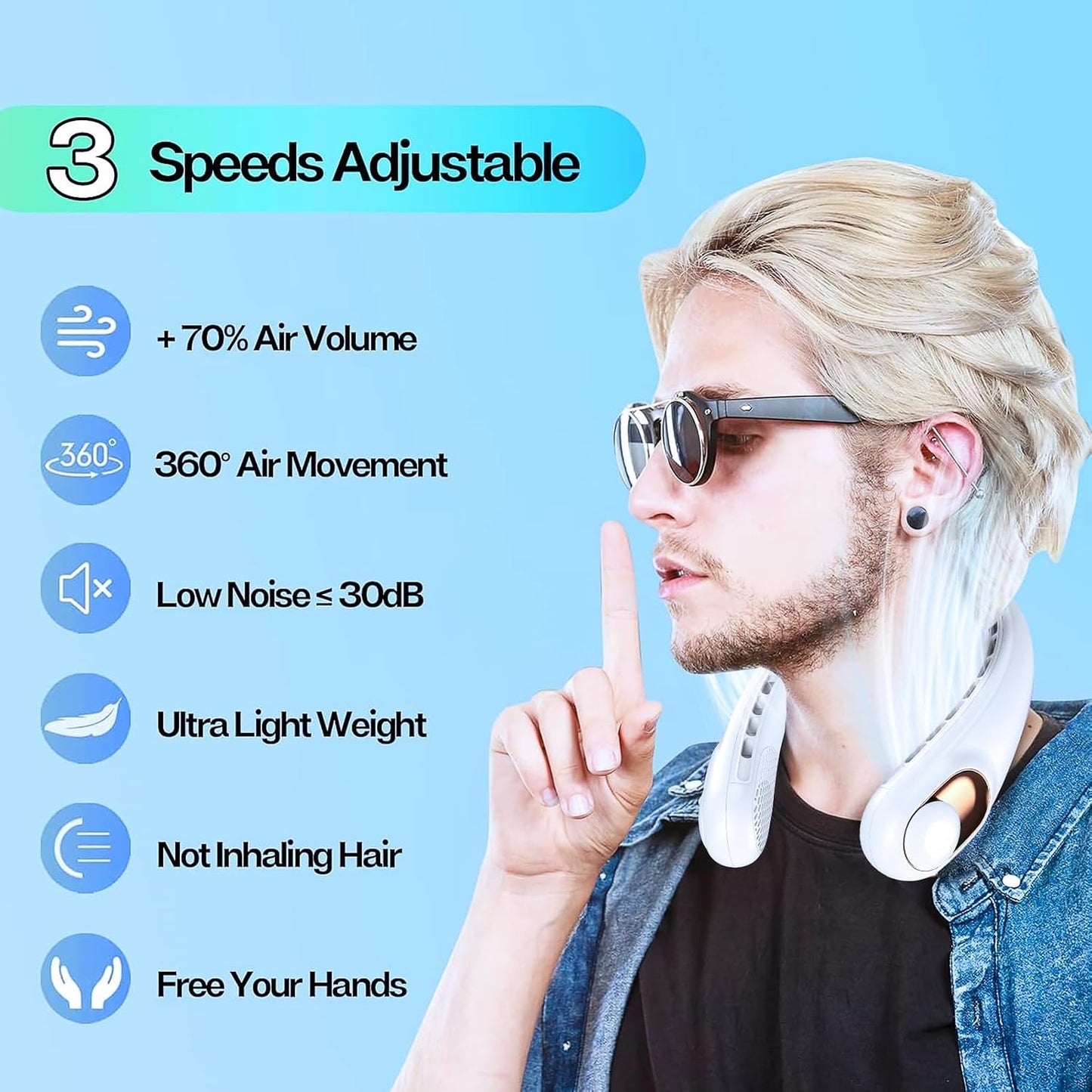 Neck Fan, Portable Bladeless Neck Fans with LED Display, 360° Airflow, 4000mAh Rechargeable Battery, Super Quiet Hands-Free Personal Wearable Fan for Indoor Outdoor, Snowy