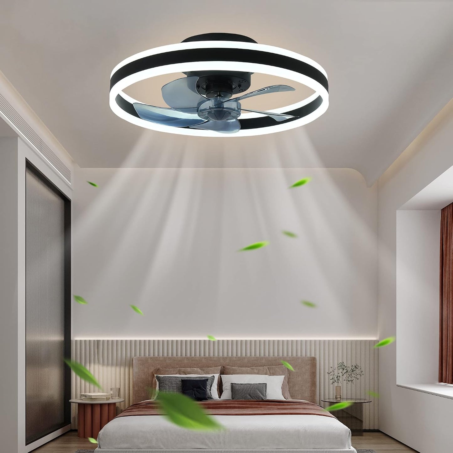 CHANFOK Smart Ceiling Fans with Lights Compatible with Alexa and Google Assistant 20", Low Profile Ceiling Fan with Light and Remote & APP Control, 6-Speed Reversible Blades (Black)