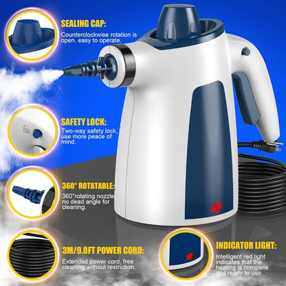 ASSCA Handheld Steam Cleaner, 1050W Portable Pressurised Steam Cleaner with 12-Piece Accessories, Chemical-Free Multi-Purpose Cleaning for Car Interior Detailing, Sofa Upholstery, Kitchen & Bathroom