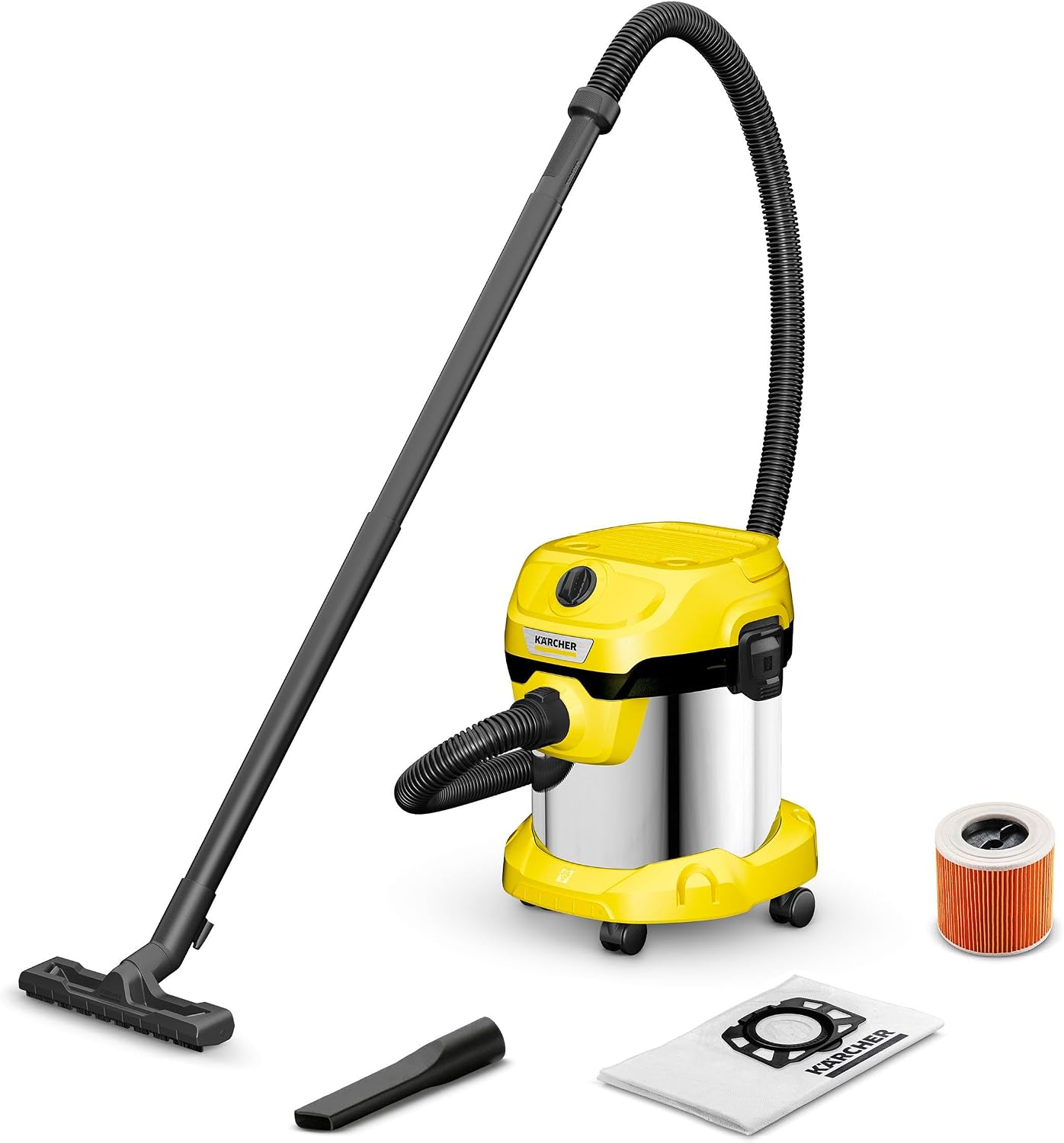 KÄRCHER Wet and Dry Vacuum Cleaner WD 2 Plus, blowing function, power: 1000w, incl. cartridge filter, floor and crevice nozzle, Yellow, plastic container: 12 l, suction hose: 1.8 m