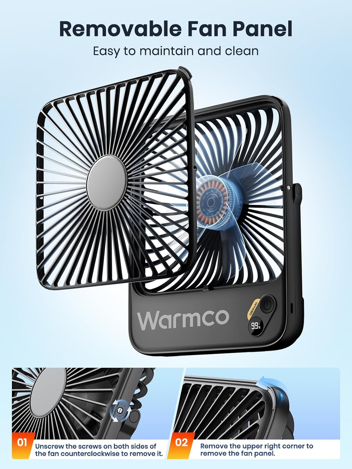Warmco D3 Portable Rechargeable Desk Fan 10000mAh, Quiet, 24H Runtime | Ultra-Slim 4-Speed Fan, LED Display & Foldable Stand For Bedroom, Office, Camping, Cruise & Travel