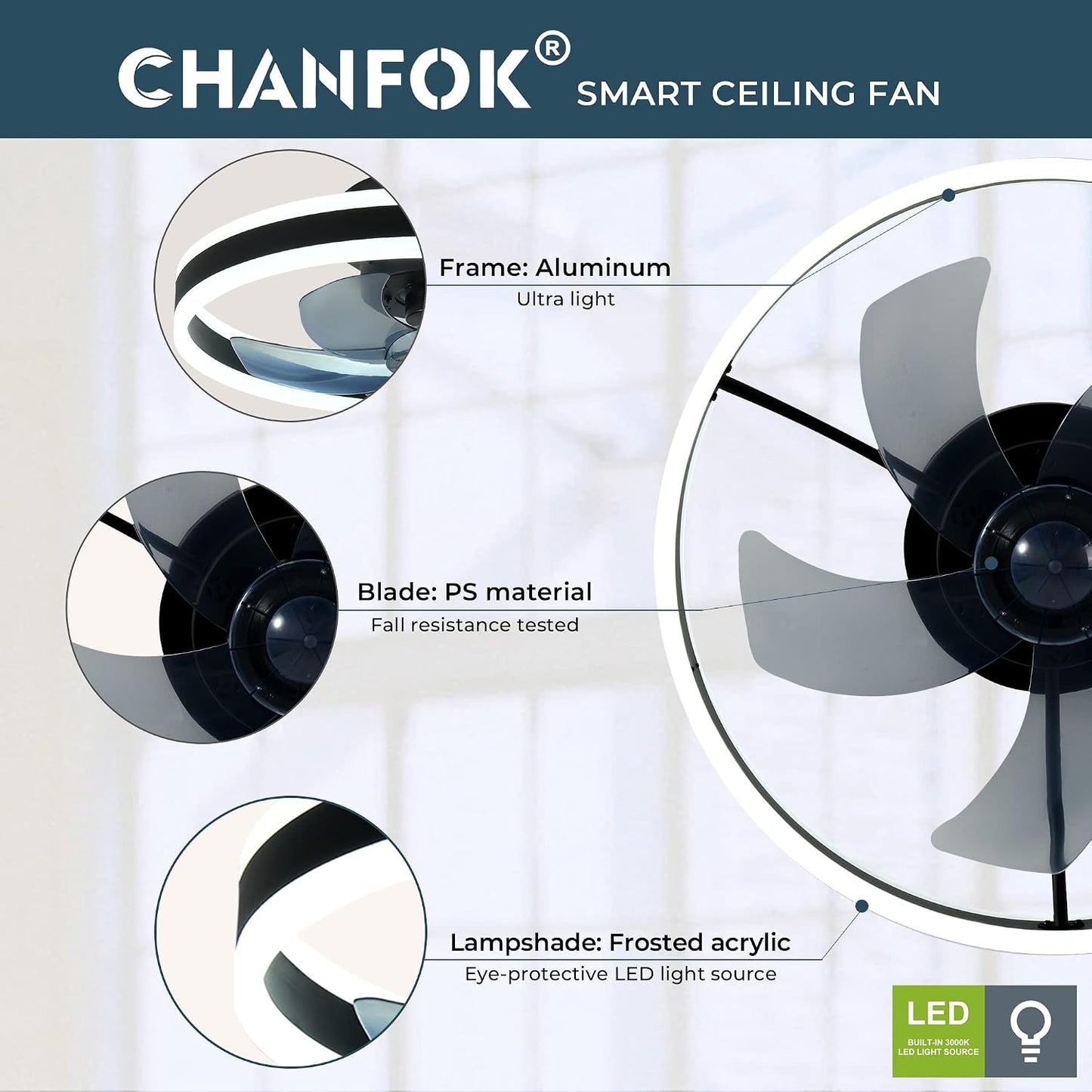 CHANFOK Smart Ceiling Fans with Lights Compatible with Alexa and Google Assistant 20", Low Profile Ceiling Fan with Light and Remote & APP Control, 6-Speed Reversible Blades (Black)