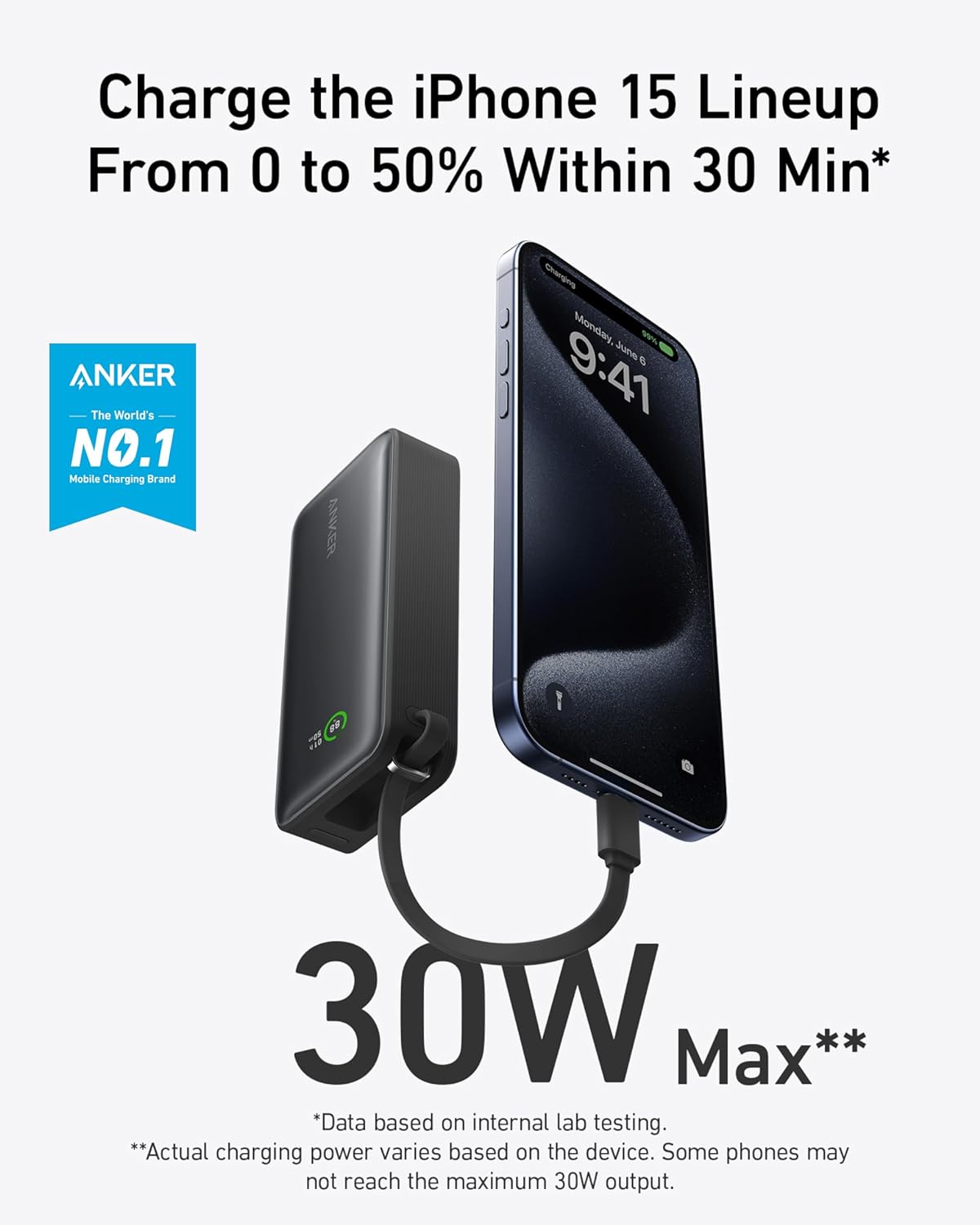 Anker Nano 10,000mAh Power Bank – 30W with Built-In USB-C Cable
