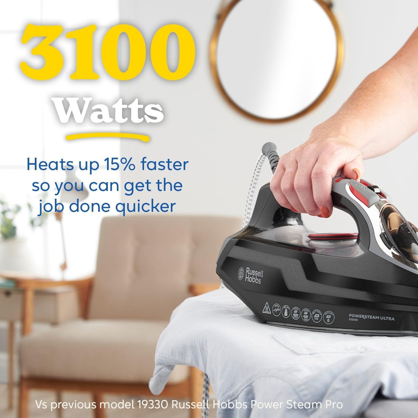Russell Hobbs Steam Iron [3100W, 210 g/min extra steam boost, 70 g/min steam] Power Steam (350ml, ceramic soleplate, self-cleaning & spray water function, anti-limescale, drip stop) 20630