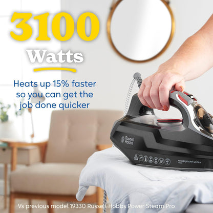 Russell Hobbs Steam Iron [3100W, 210 g/min extra steam boost, 70 g/min steam] Power Steam (350ml, ceramic soleplate, self-cleaning & spray water function, anti-limescale, drip stop) 20630