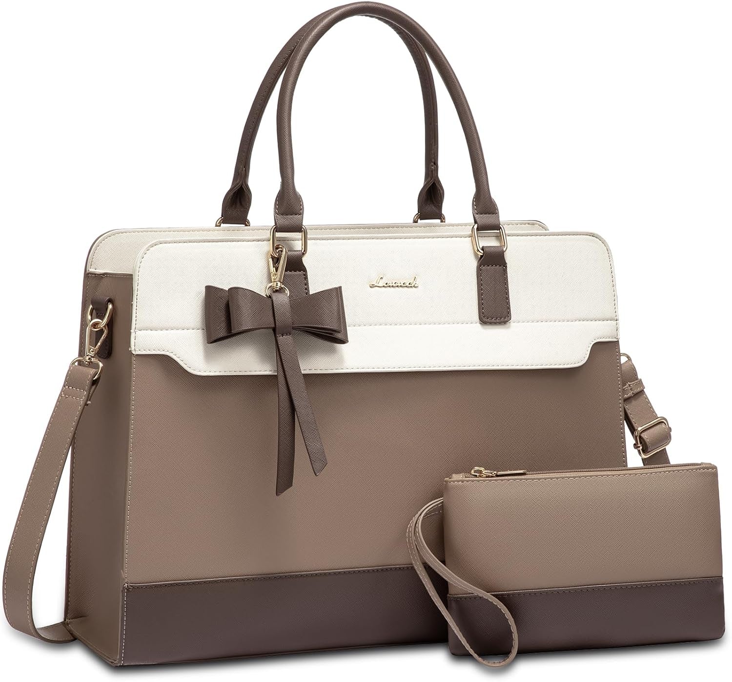 LOVEVOOK Women's Laptop Tote with Tumbler Pocket in Dark Green-Light Green-White