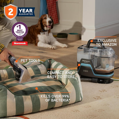 Vax SpotWash Home and Pet Spot Cleaner, Upholstery, Sofa, Stairs, Home, Car, Rug, Stain Cleaning Small Handheld Shampooer Machine, Additional Solution, SpinScrub and Tools, 4.5kg, Grey/Cyan, CDSW-MPDP