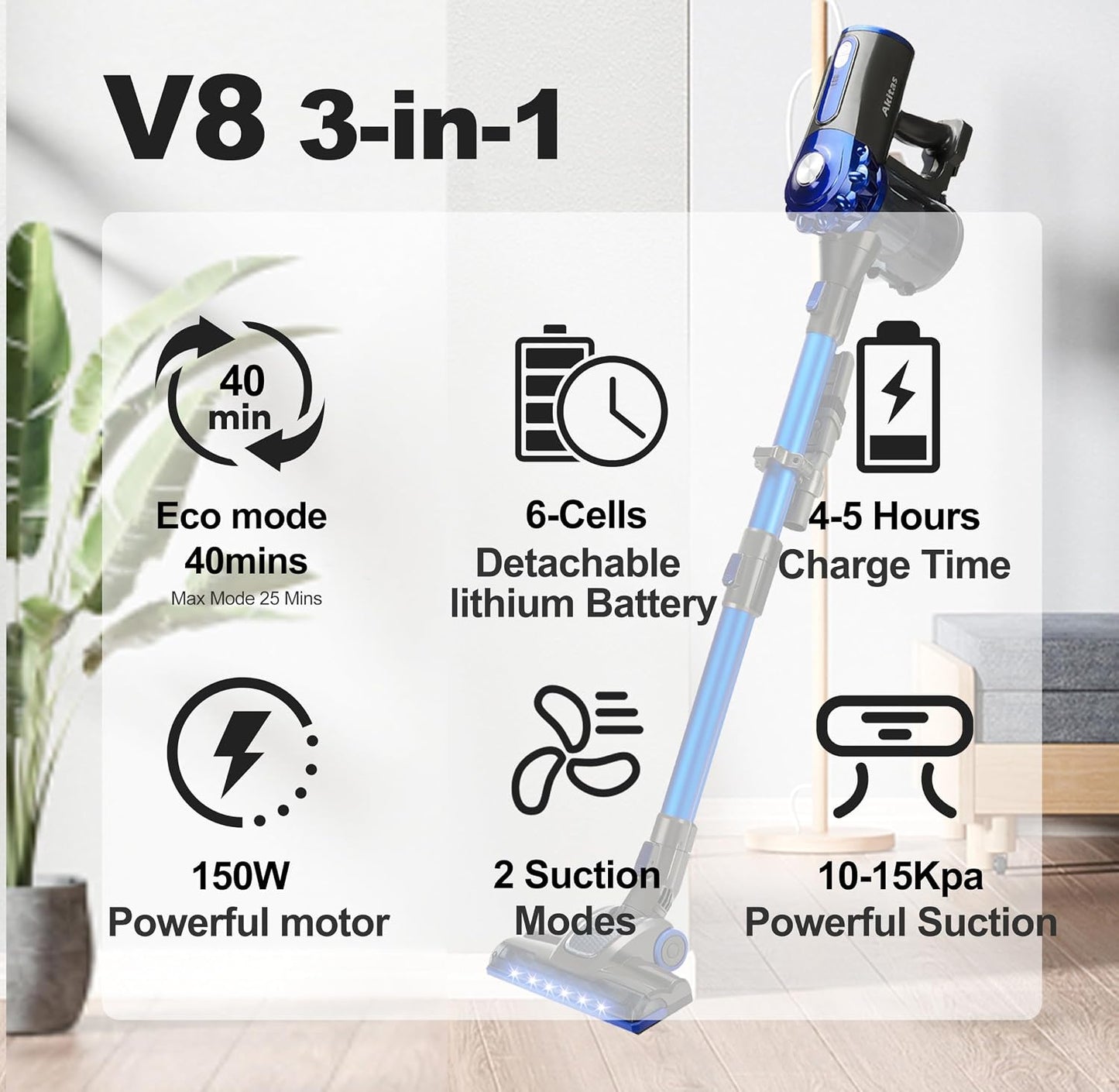 Akitas V8 3-in-1 Cordless Hoover Vacuum Cleaner Handheld & Upright Lightweight 22.2 V 150 W, Rechargeable Lithium Battery for Floors Carpets and Pet Hair