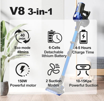 Akitas V8 3-in-1 Cordless Hoover Vacuum Cleaner Handheld & Upright Lightweight 22.2 V 150 W, Rechargeable Lithium Battery for Floors Carpets and Pet Hair