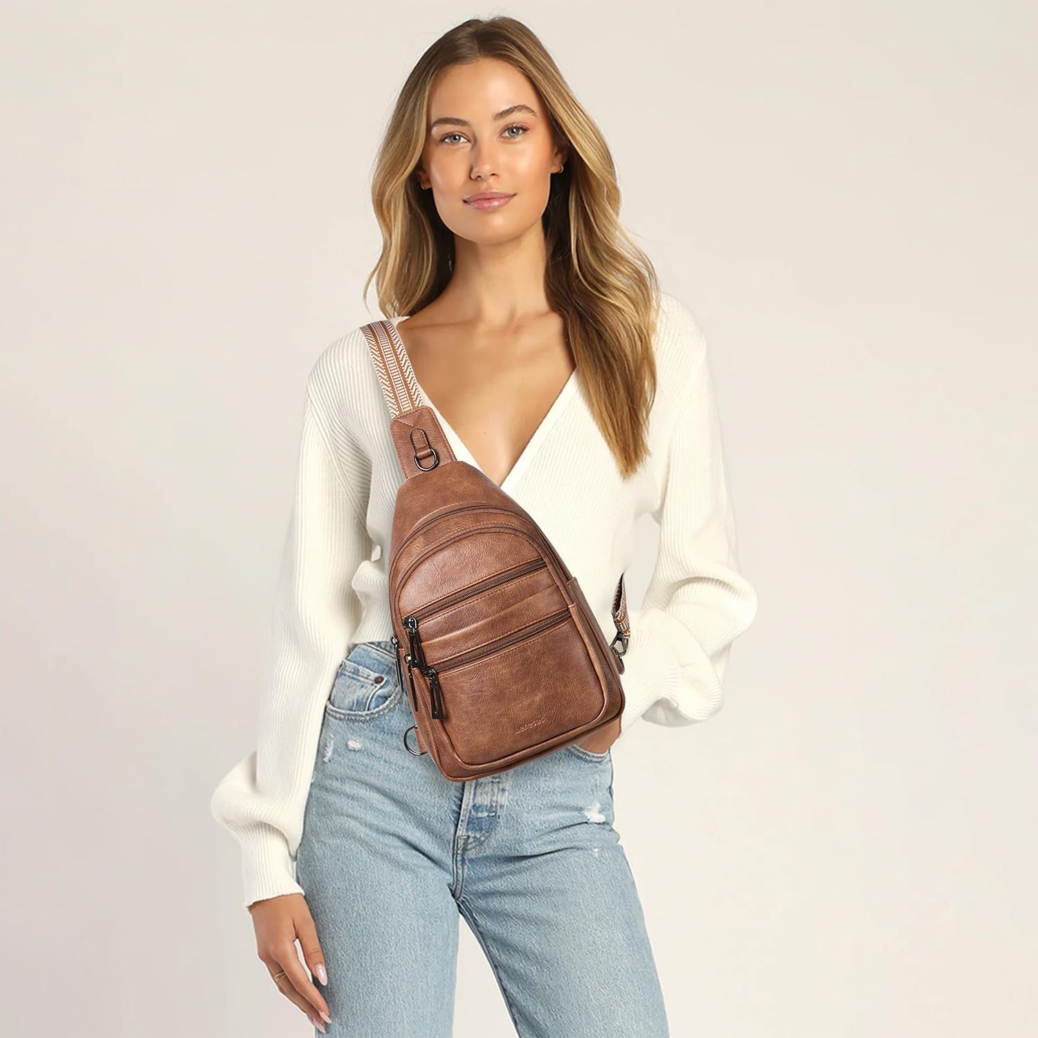 Leresas Women's Vegan Leather Sling Crossbody Bag in Beige