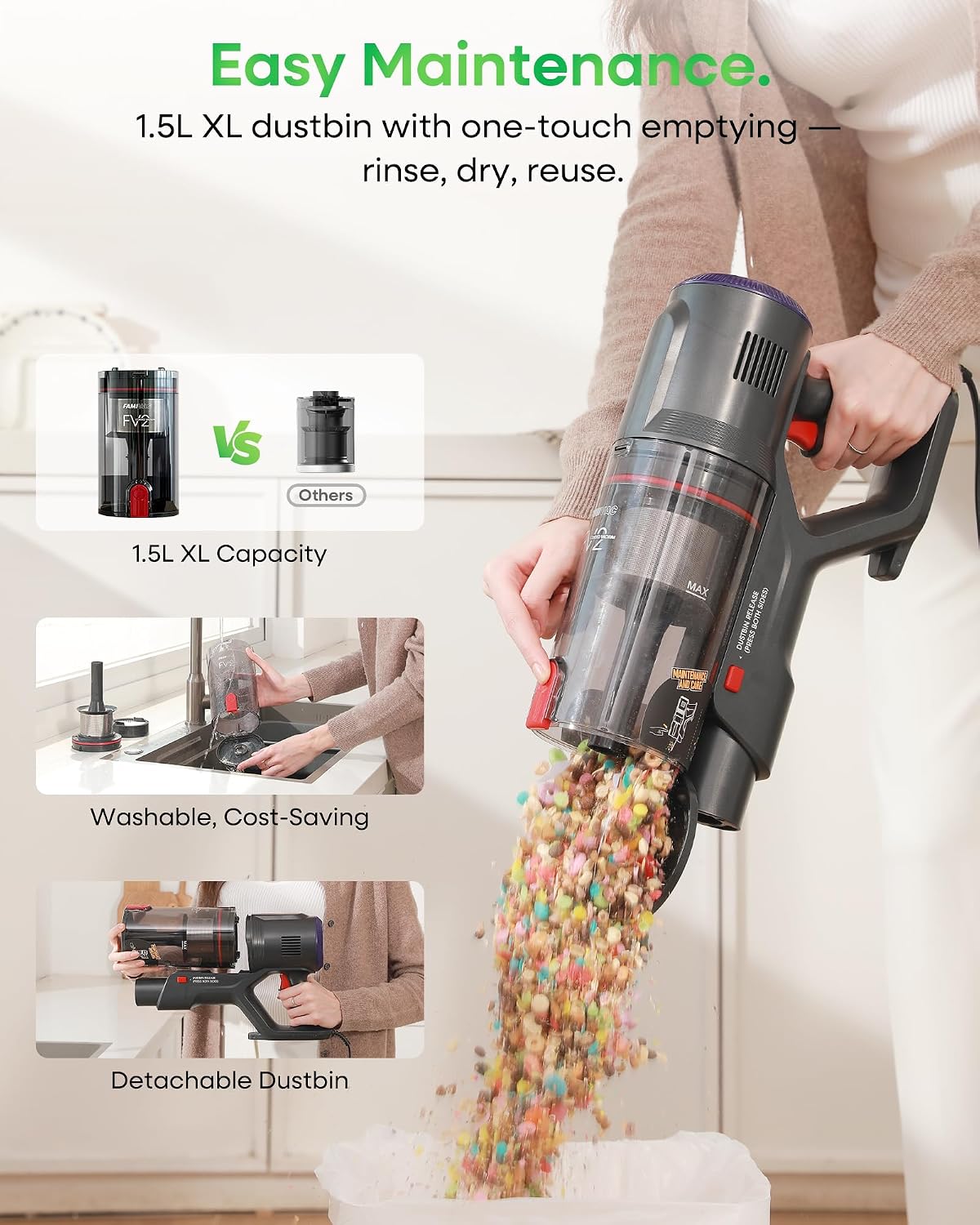 FAMIVAC FV2 Corded Vacuum Cleaner 65Kpa/600W, Powerful Hoover with Mattress Brush & Anti Hair Wrap, 1.3KG Lightweight, 7M Cord, 1.5L, GreenLight & Self-Standing Brush for Home Carpet Floor Pet Hair