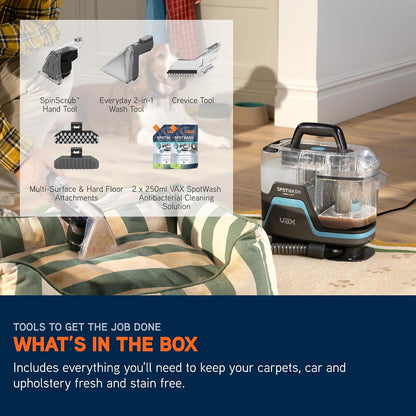 Vax SpotWash Home and Pet Spot Cleaner, Upholstery, Sofa, Stairs, Home, Car, Rug, Stain Cleaning Small Handheld Shampooer Machine, Additional Solution, SpinScrub and Tools, 4.5kg, Grey/Cyan, CDSW-MPDP