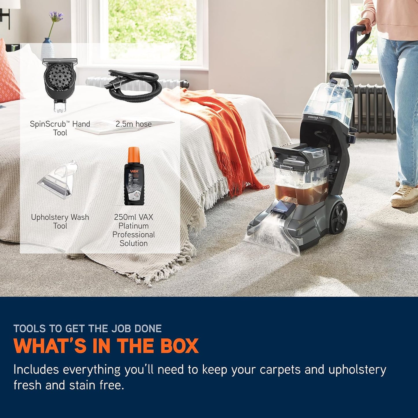 Vax SpinScrub Power Plus Carpet Cleaner Machine, Rug, Upholstery, Car, Stair Upright Shampooer Washer. Handheld Spot Cleaning, SpinScrub and Wash Tool, Solution, 1200W, Grey/Navy Blue, CDCW-SSXA