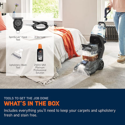 Vax SpinScrub Power Plus Carpet Cleaner Machine, Rug, Upholstery, Car, Stair Upright Shampooer Washer. Handheld Spot Cleaning, SpinScrub and Wash Tool, Solution, 1200W, Grey/Navy Blue, CDCW-SSXA