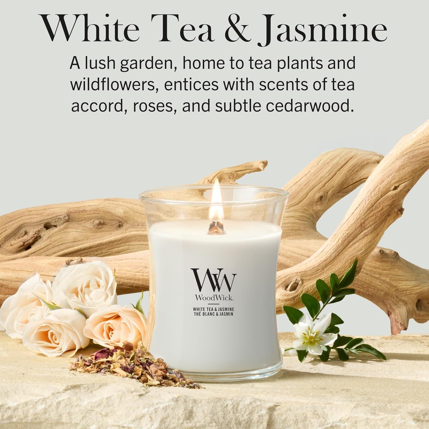 WoodWick Medium Hourglass Scented Candle | White Tea & Jasmine | with Crackling Wick | Burn Time: Up to 60 Hours | Gifts for Women