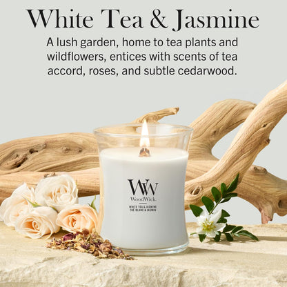 WoodWick Medium Hourglass Scented Candle | White Tea & Jasmine | with Crackling Wick | Burn Time: Up to 60 Hours | Gifts for Women