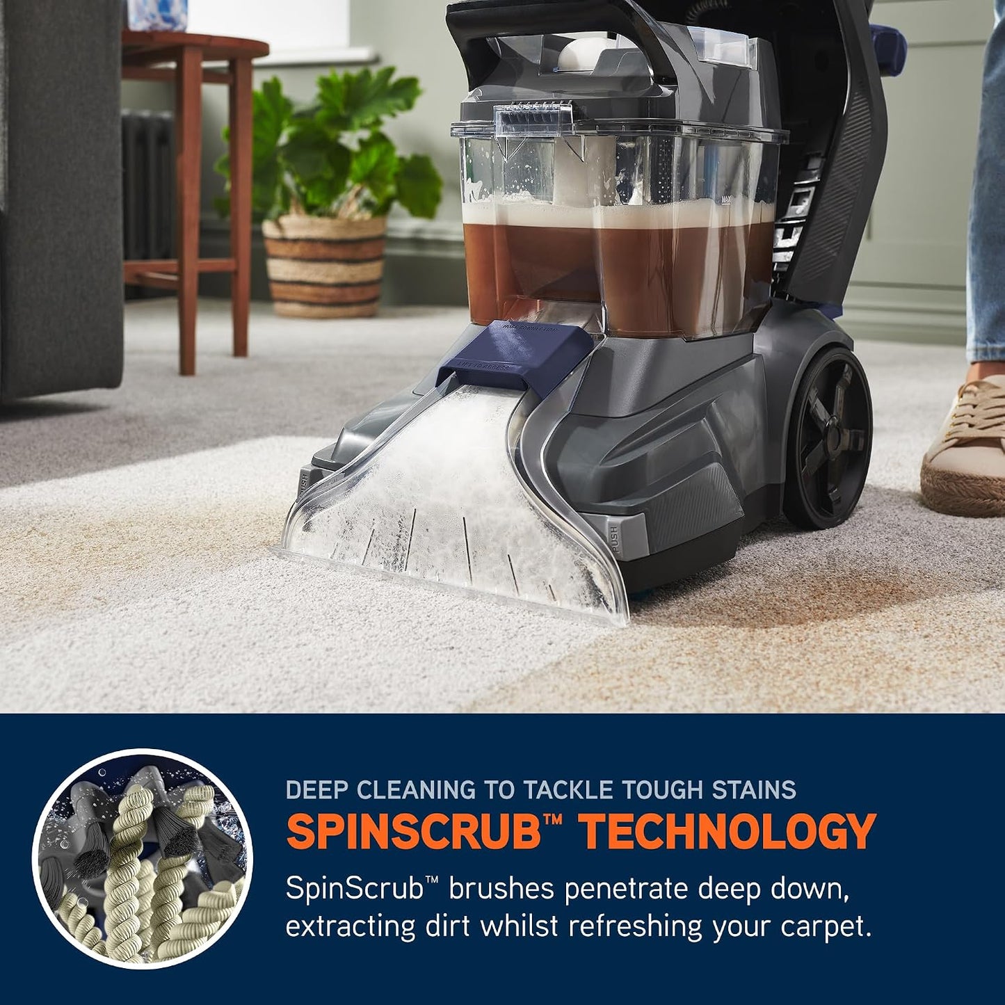 Vax SpinScrub Power Plus Carpet Cleaner Machine, Rug, Upholstery, Car, Stair Upright Shampooer Washer. Handheld Spot Cleaning, SpinScrub and Wash Tool, Solution, 1200W, Grey/Navy Blue, CDCW-SSXA