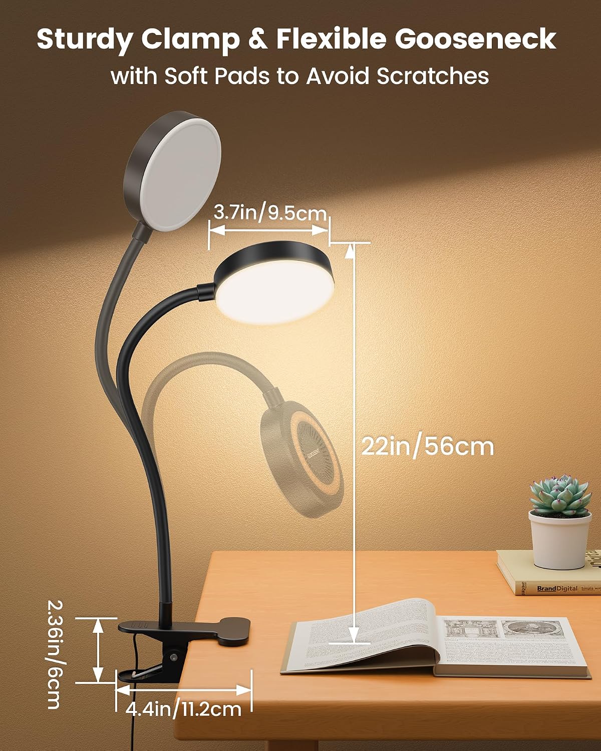 Glocusent Clip on Light, 72 LED Bedside Light with 3 Colors & 5 Brightness, Flexible with Amber Night Light, 30/60Min Timer, Eye Caring, for Bed/Reading/Studying/Working (Black with Adapter) | 5 levels, soft light for eyes, timer, flexible setting, stable