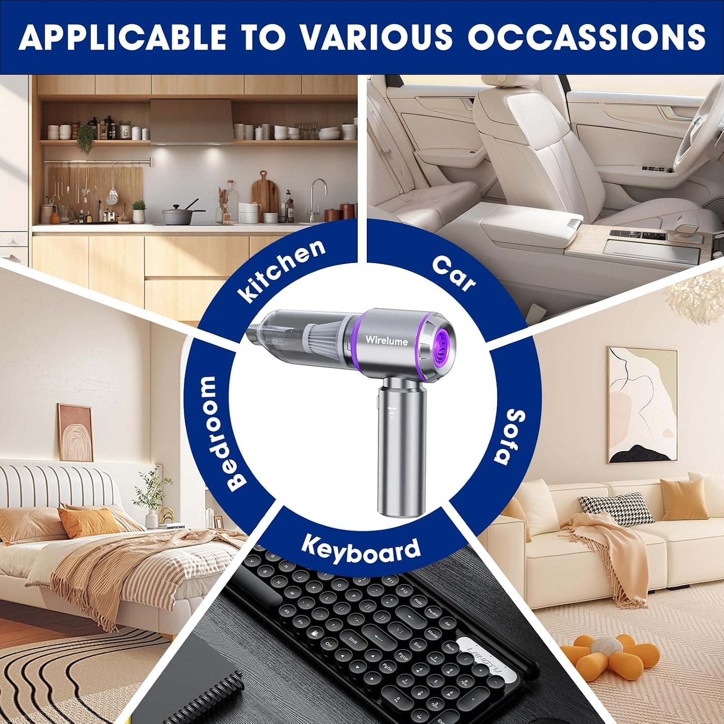 Handheld Car Vacuum Cleaner Cordless Powerful 22000Pa Strong Cyclonic Suction Blowing Brushless Motor Portable Rechargable Lightweight for Pet Hair Vehicle Home Office Purple