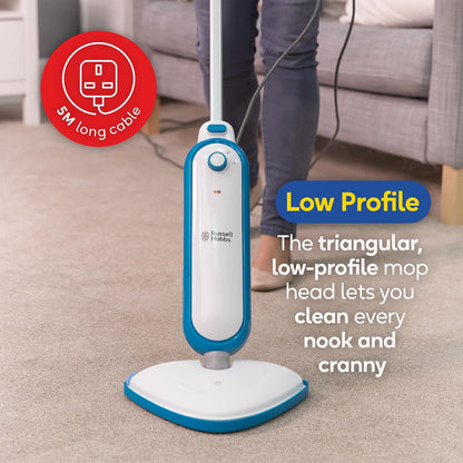 Russell Hobbs Upright Steam Mop, 1.4kW Power, 380ml Water Tank, 30-Second Heat-up, 15-Minute Run-Time, Sealed Hard Floors, Tiles, Vinyl Flooring, Carpets, Rugs in White & Aqua, RHSM1001-G