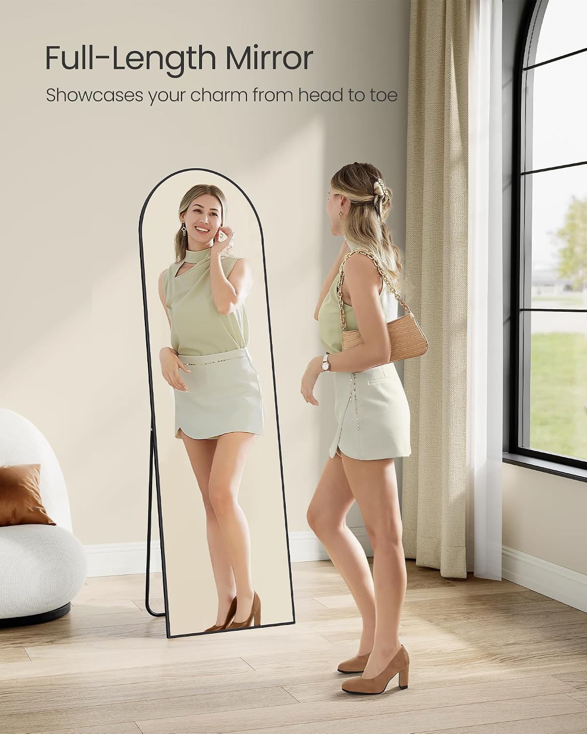 SONGMICS Full Length Mirror, 160 x 50 cm, Arched Full Body Mirror with Stand, Aluminium Alloy Frame, Tempered Glass, for Bedroom, Living Room, Cloakroom, Ink Black LFM031B01