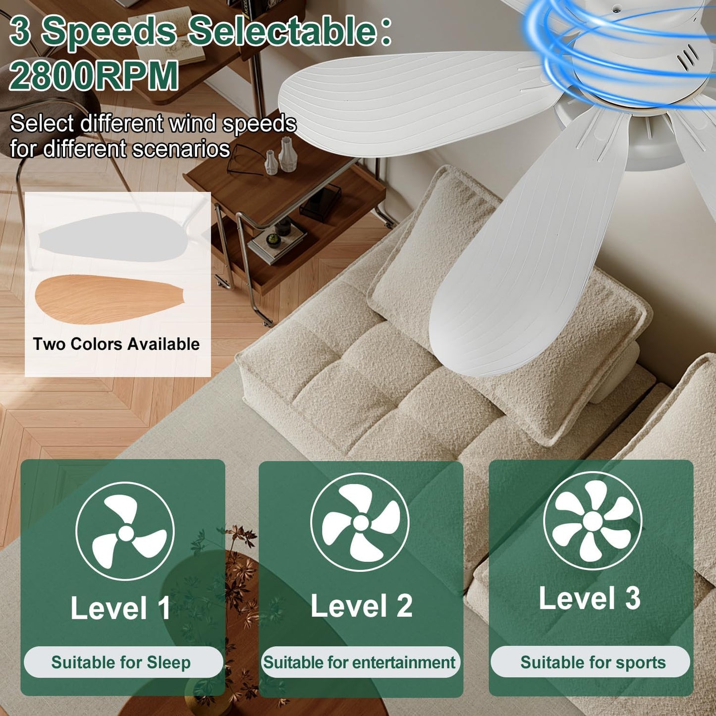 Ceiling Fan Light, FIBRAVE E27 Fan Lights with Remote Control, Stepless Dimmable 30W 1800 Lumens 3000-6500K 3-Color 3-Speed, Small Ceiling Fan with Light for Bedroom, Kitchen, Bathroom (White)