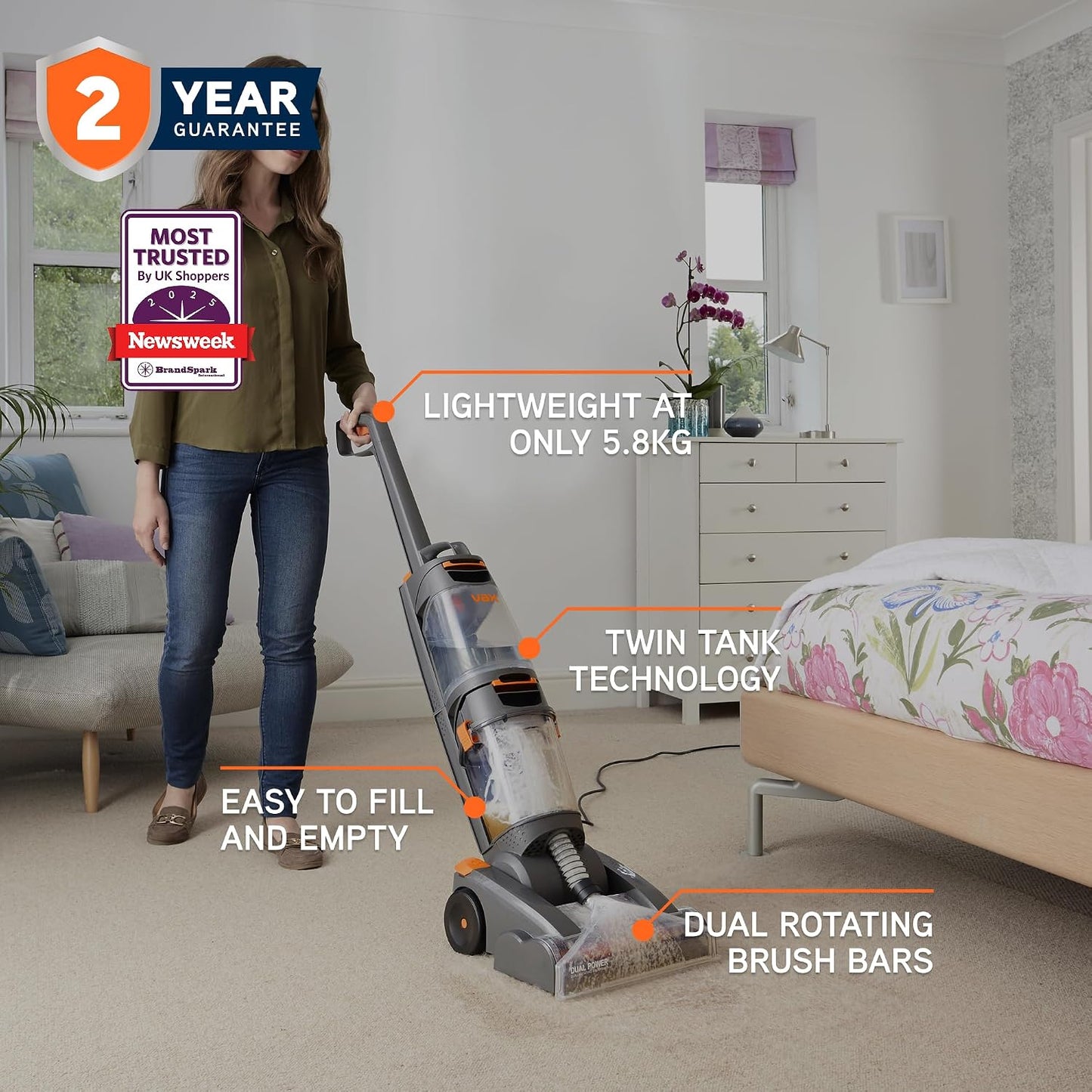 Vax Dual Power Carpet Cleaner Machine, Upright Portable Carpet and Rug Shampooer Washer, Included Solution, Easy to Carry, Orange, 800W, 5.8kg W86-DP-B