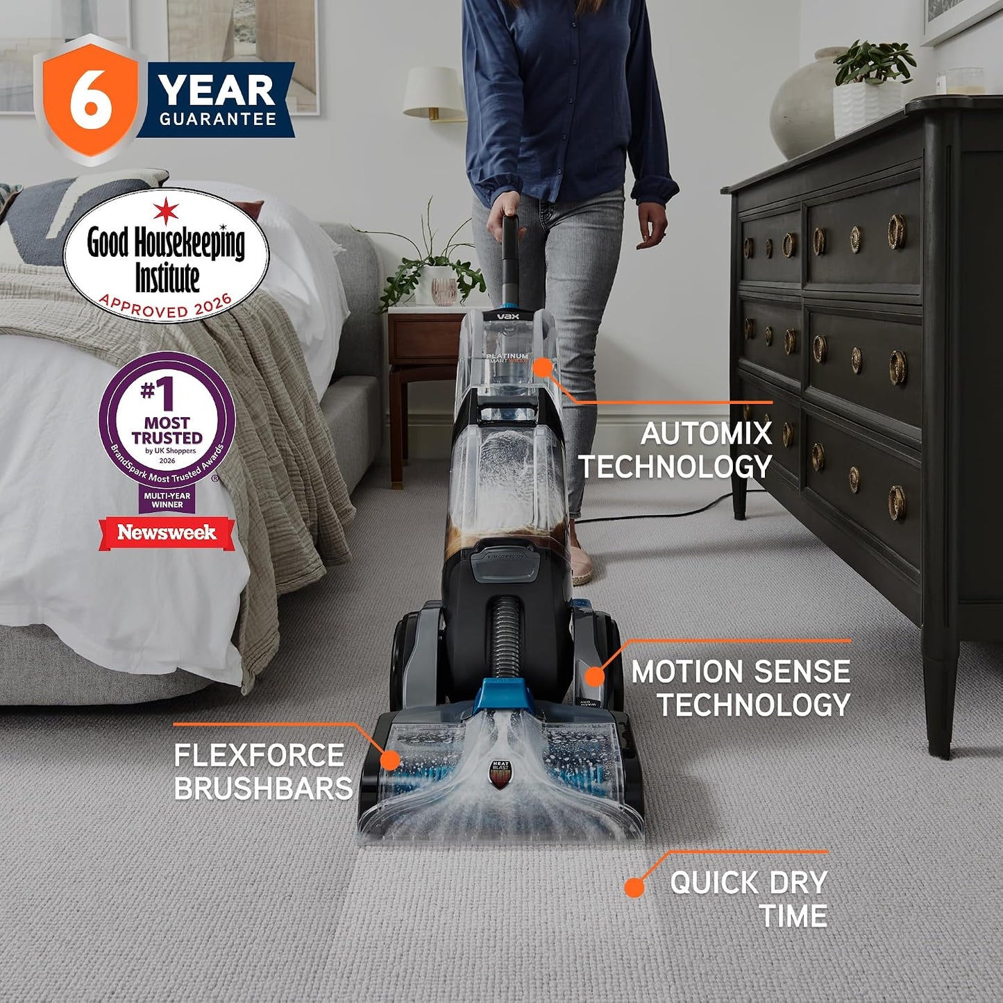 Vax Platinum SmartWash Carpet Cleaner Machine, Rug, Upholstery, Car, Stair Upright Shampooer Washer, Handheld Spot Cleaning, SpinScrub and Wash Tools, Solution, 1200W, 8.5kg, CDCW-SWXS