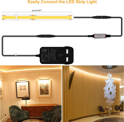 TTWAY COB LED Strip Lights 2700K, Dimmable LED Strip Kit, Super Bright 24V LED Tape Lights CRI90+ with RF Remote and UKCA Power Supply for DIY Home Decoration, 5M, 2400LEDs, Warm White.