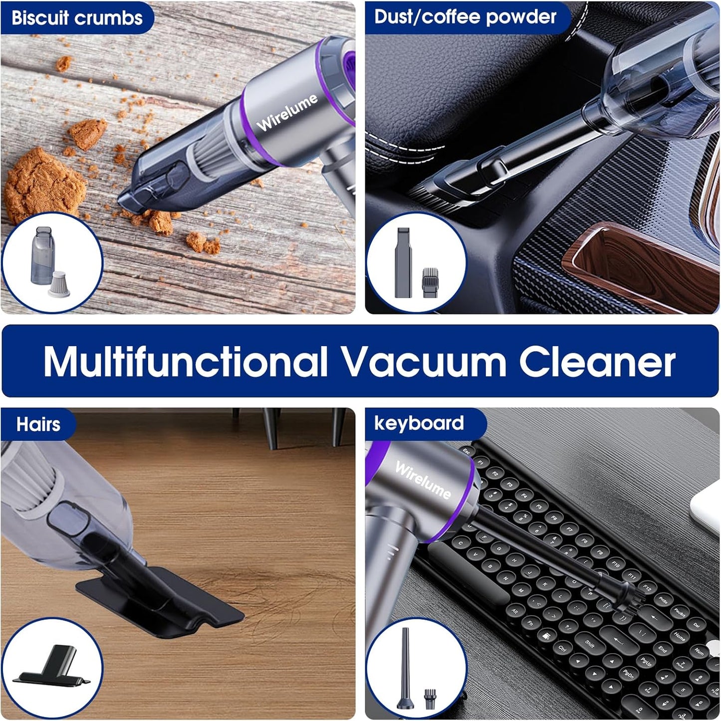 Handheld Car Vacuum Cleaner Cordless Powerful 22000Pa Strong Cyclonic Suction Blowing Brushless Motor Portable Rechargable Lightweight for Pet Hair Vehicle Home Office Purple
