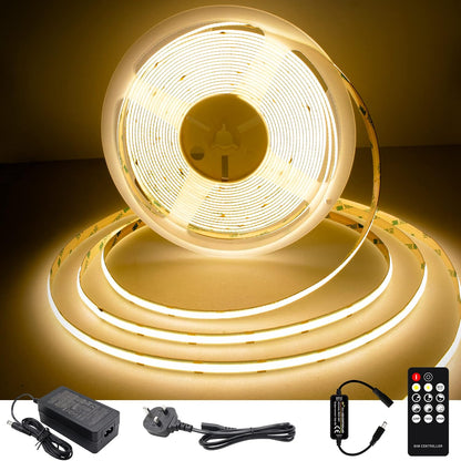 TTWAY COB LED Strip Lights 2700K, Dimmable LED Strip Kit, Super Bright 24V LED Tape Lights CRI90+ with RF Remote and UKCA Power Supply for DIY Home Decoration, 5M, 2400LEDs, Warm White.