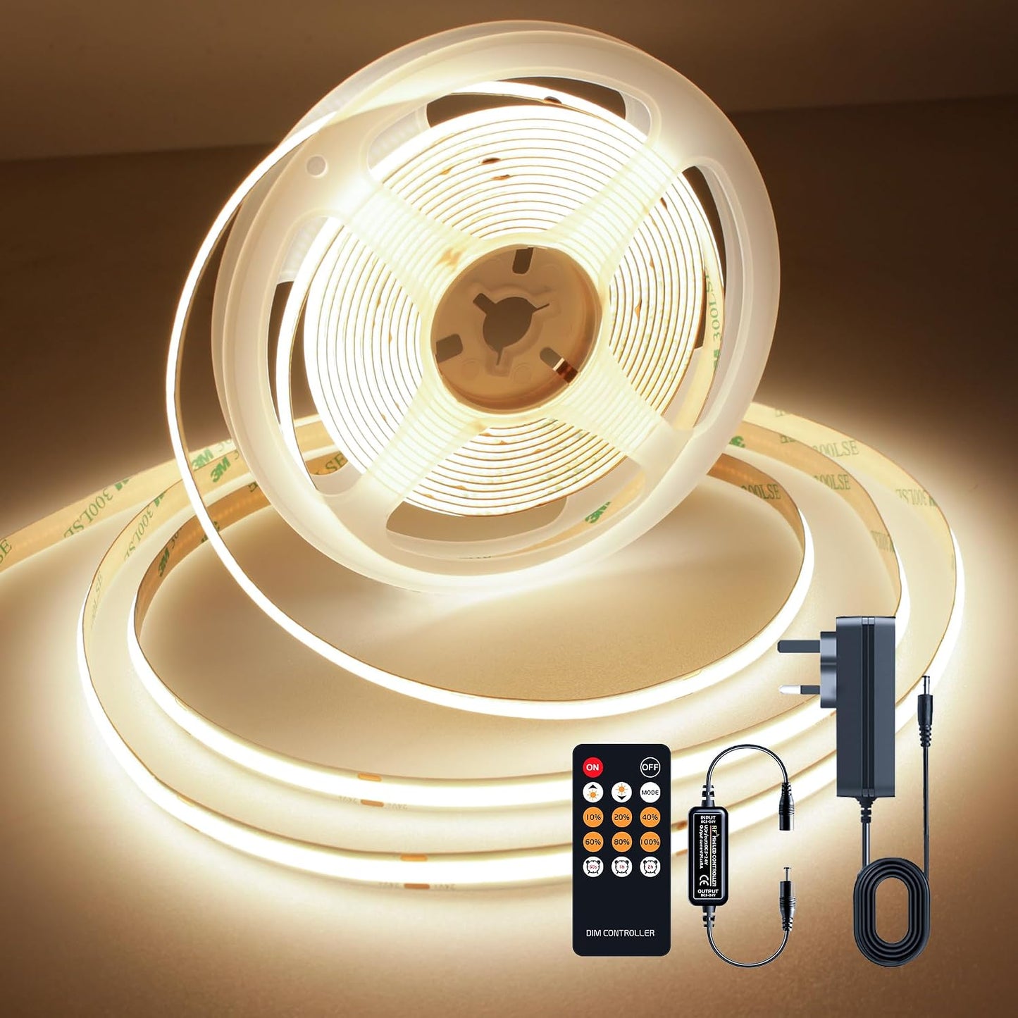 TTWAY COB LED Strip Lights 2700K, Dimmable LED Strip Kit, Super Bright 24V LED Tape Lights CRI90+ with RF Remote and UKCA Power Supply for DIY Home Decoration, 5M, 2400LEDs, Warm White.