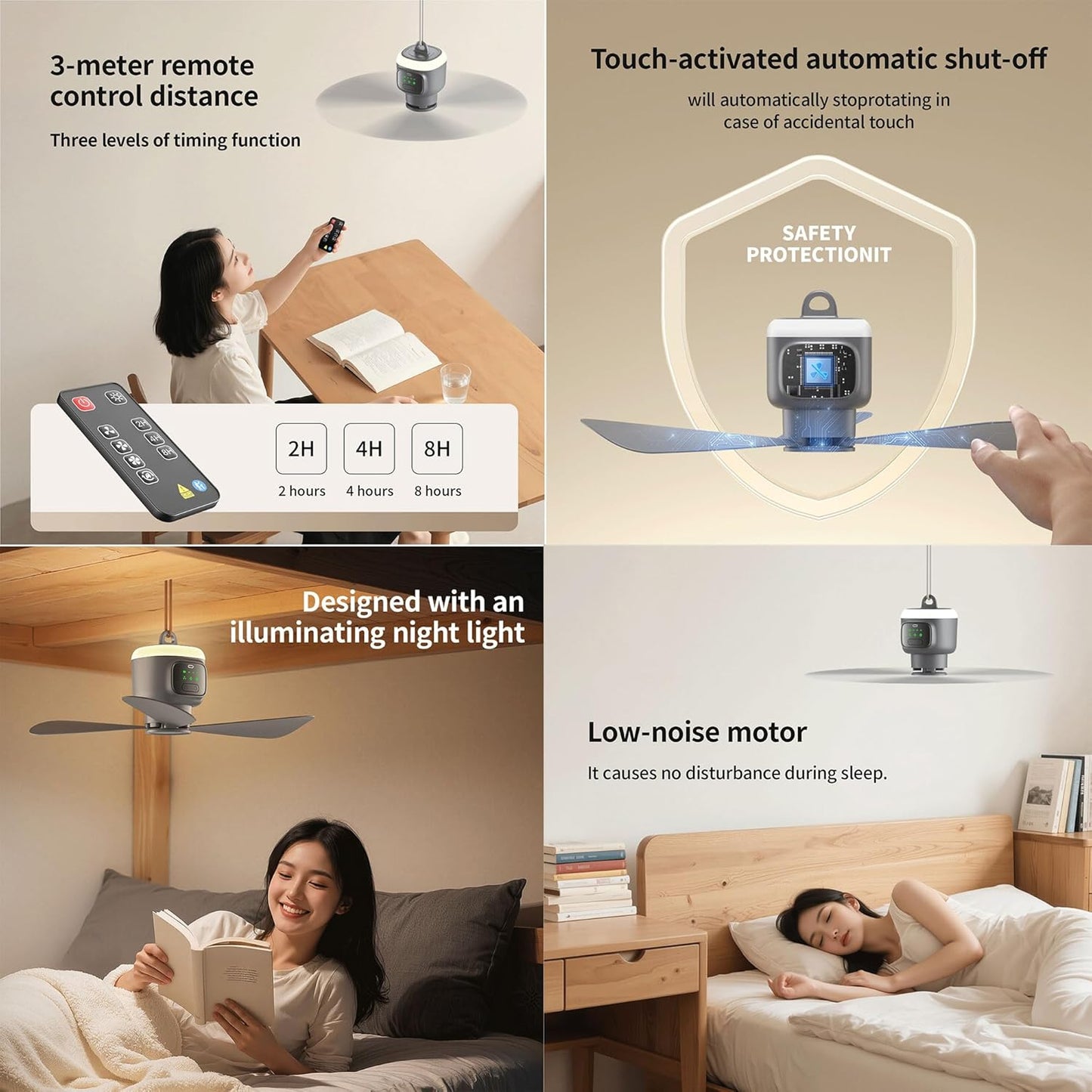 VVU&CCO Rechargeable Portable Ceiling Fan with Light, 12000mAh Battery Operated Use Time Up to 16H,4 Speeds Adjustment, 2/4/8H Timer,Camping Ceiling Fan for Tent Patio Canopy Porch RV