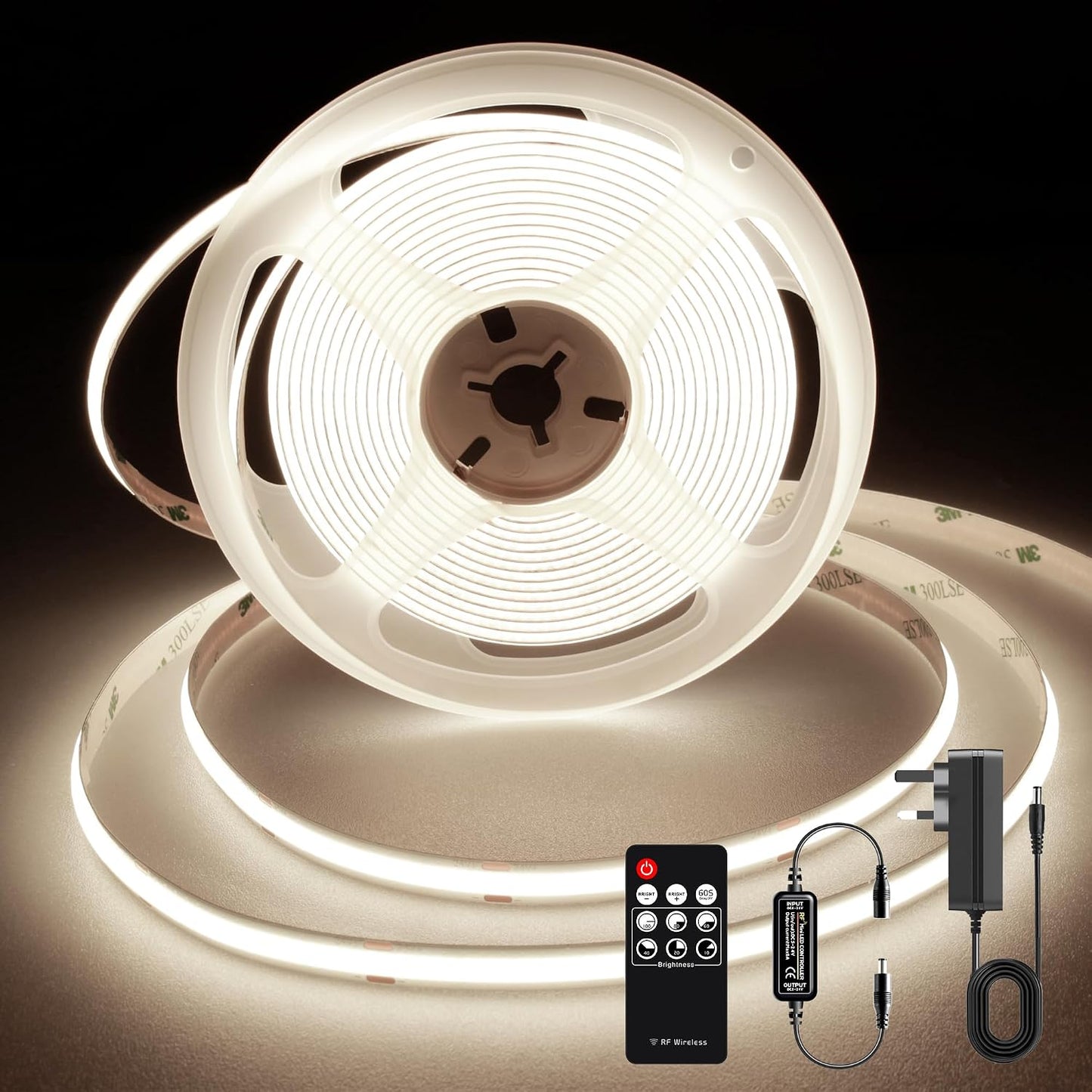 TTWAY COB LED Strip Lights 2700K, Dimmable LED Strip Kit, Super Bright 24V LED Tape Lights CRI90+ with RF Remote and UKCA Power Supply for DIY Home Decoration, 5M, 2400LEDs, Warm White.