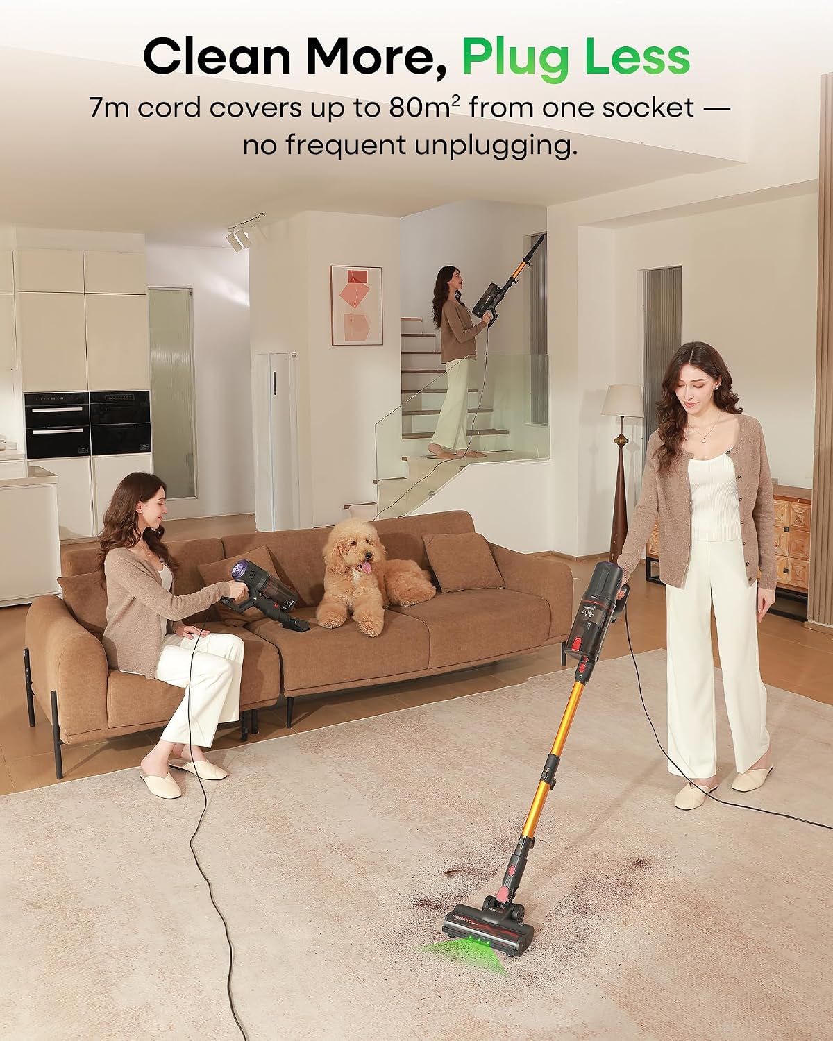 FAMIVAC FV2 Corded Vacuum Cleaner 65Kpa/600W, Powerful Hoover with Mattress Brush & Anti Hair Wrap, 1.3KG Lightweight, 7M Cord, 1.5L, GreenLight & Self-Standing Brush for Home Carpet Floor Pet Hair