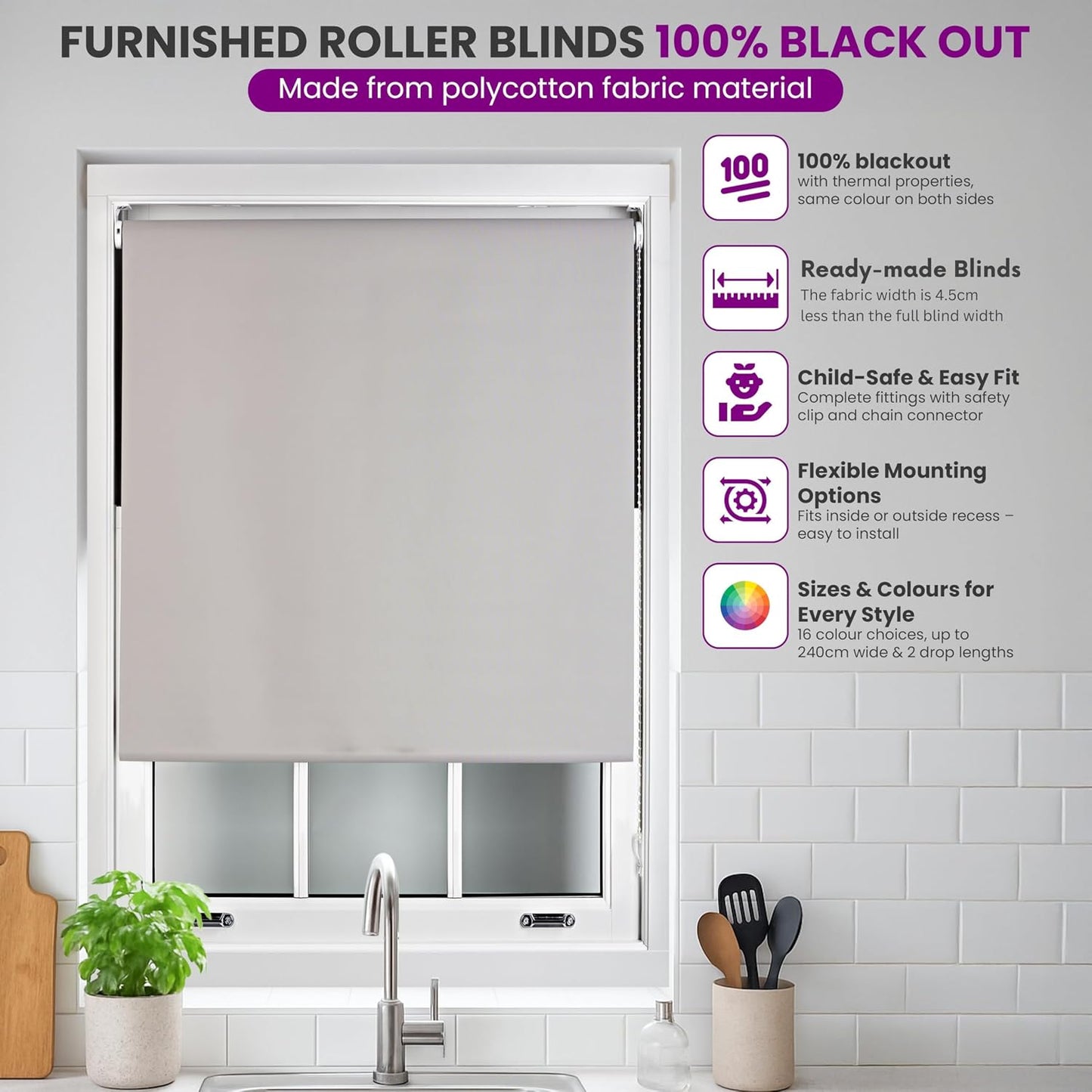 FURNISHED Roller Blinds Thermal Blackout Roller Blind - Trimmable Insulated UV Protection Child Safe Easy Fit Home Office Window Blinds, Dark Grey, 70 cm Wide x 165 cm Long