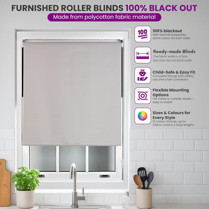 FURNISHED Roller Blinds Thermal Blackout Roller Blind - Trimmable Insulated UV Protection Child Safe Easy Fit Home Office Window Blinds, Dark Grey, 70 cm Wide x 165 cm Long