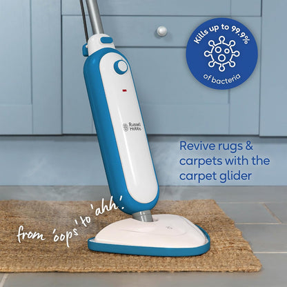 Russell Hobbs Upright Steam Mop, 1.4kW Power, 380ml Water Tank, 30-Second Heat-up, 15-Minute Run-Time, Sealed Hard Floors, Tiles, Vinyl Flooring, Carpets, Rugs in White & Aqua, RHSM1001-G