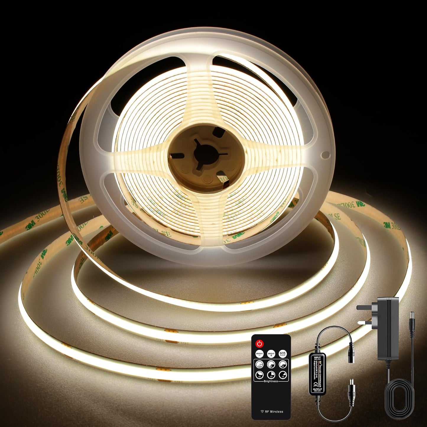 TTWAY COB LED Strip Lights 2700K, Dimmable LED Strip Kit, Super Bright 24V LED Tape Lights CRI90+ with RF Remote and UKCA Power Supply for DIY Home Decoration, 5M, 2400LEDs, Warm White.