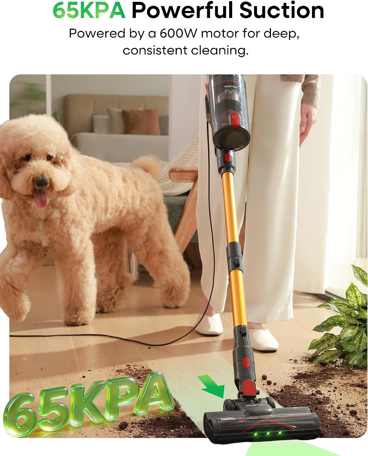FAMIVAC FV2 Corded Vacuum Cleaner 65Kpa/600W, Powerful Hoover with Mattress Brush & Anti Hair Wrap, 1.3KG Lightweight, 7M Cord, 1.5L, GreenLight & Self-Standing Brush for Home Carpet Floor Pet Hair