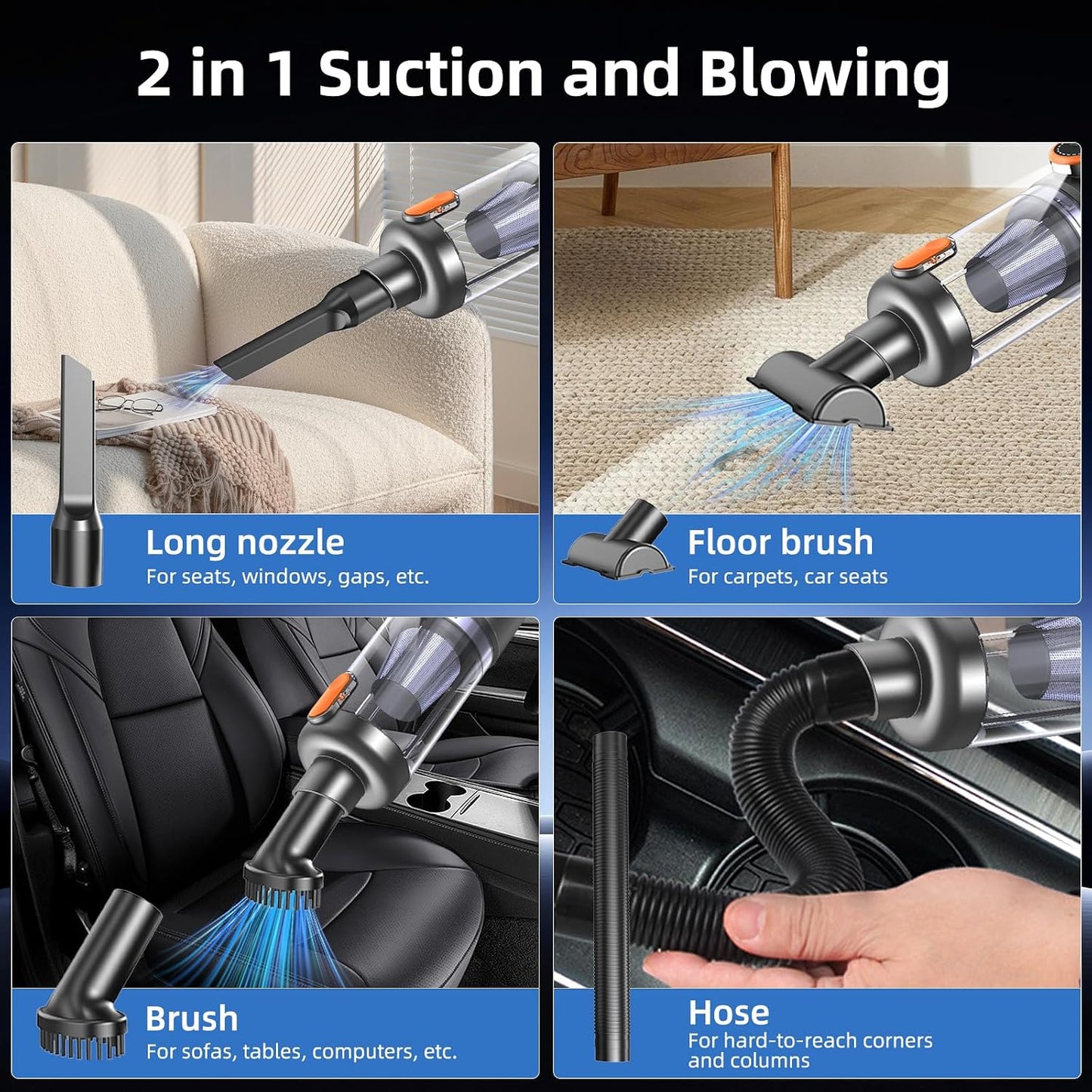 Handheld Vacuum Cleaner, 35000Pa 4-in-1 Car Vacuum Cleaner Cordless Powerful, One-touch Dust Emptying, Brushless Motor, HD Display, LED Light, Hand Held Vacuum Cordless for Home/Office/Car, Orange