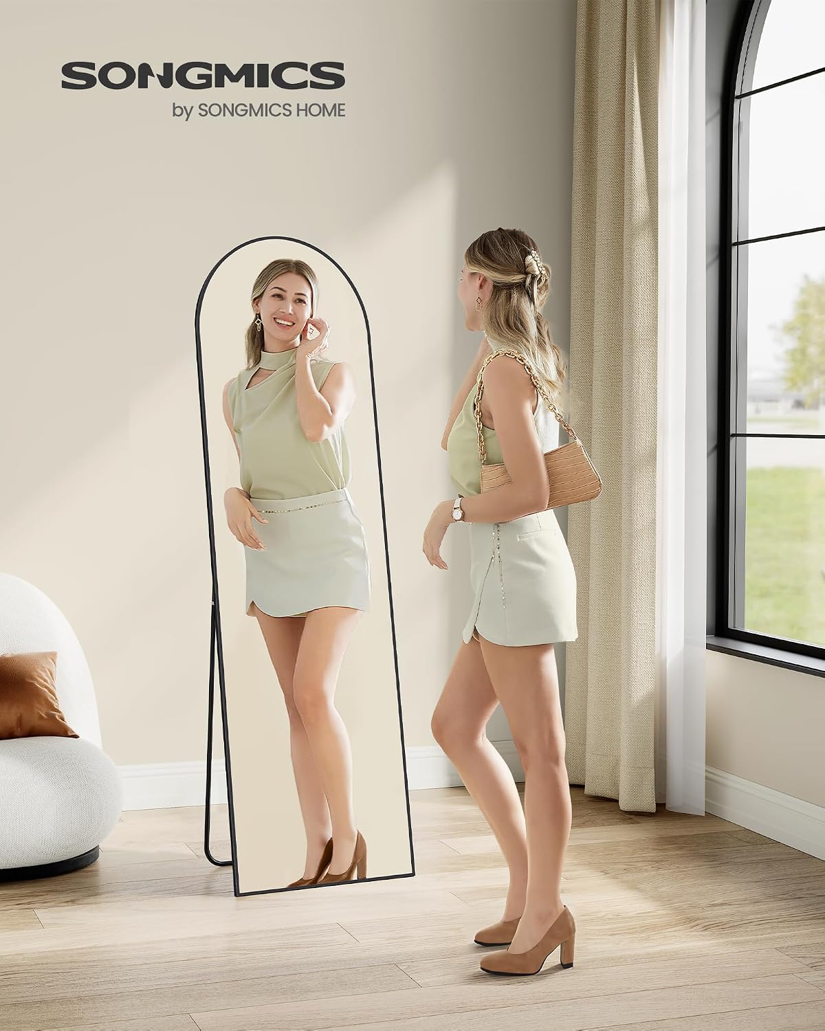 SONGMICS Full Length Mirror, 160 x 50 cm, Arched Full Body Mirror with Stand, Aluminium Alloy Frame, Tempered Glass, for Bedroom, Living Room, Cloakroom, Ink Black LFM031B01